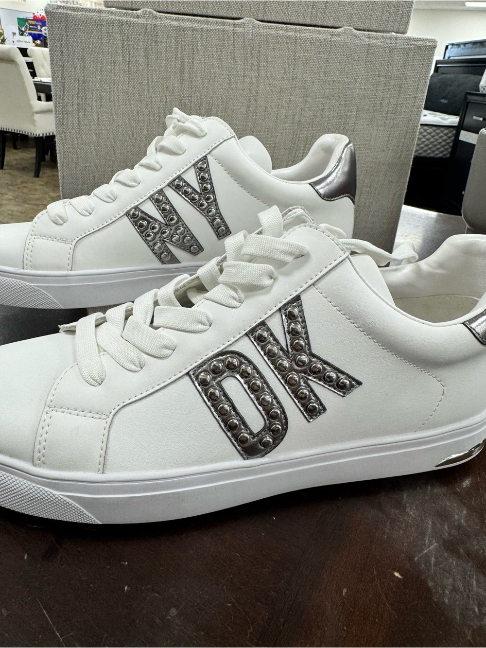 DKNY White Sneakers with Silver Logo Studs